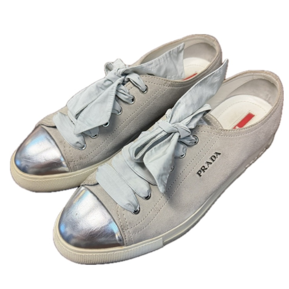 Prada Light Gray Suede Sneakers with Silver Metallic Cap-Toe